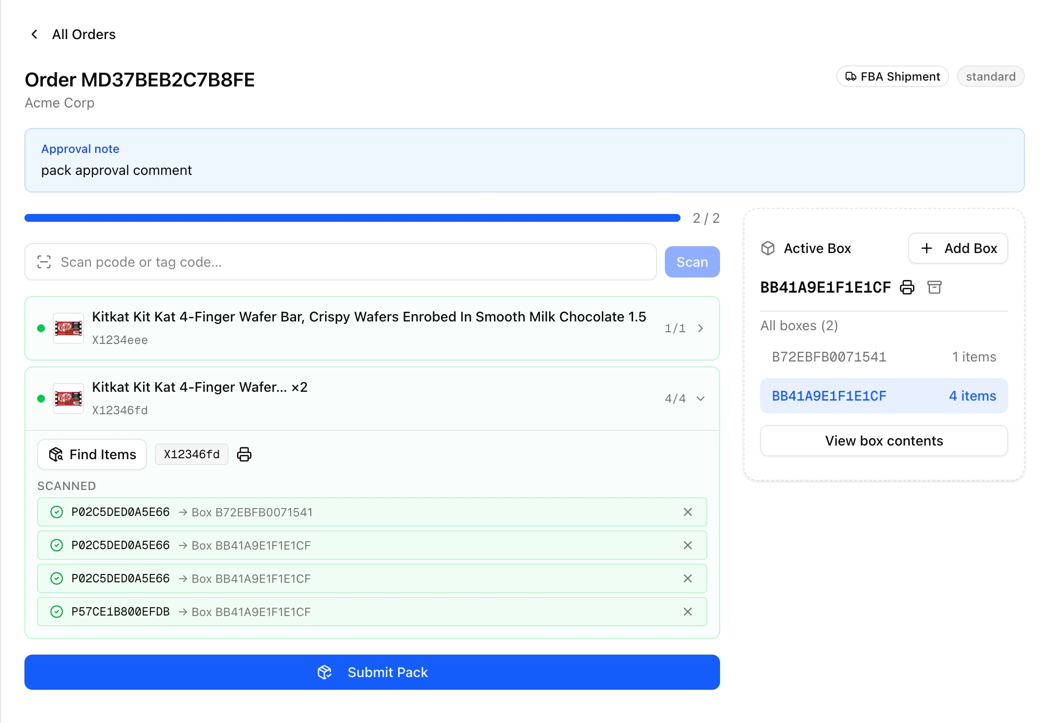 The prepCntr Pack screen: items scanned into boxes on an outbound order, with the approval note in view